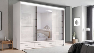 Bedroom Sliding Wardrobe with Mirror, Drawers & LED  Modern Sliding Wardrobe with Storage Closet Organizer Cabinet(White, 256 cm)