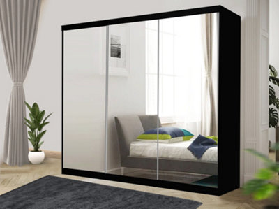Bedroom Sliding Wardrobe with Mirror & Drawers Modern Black Sliding Wardrobe with Storage Closet Organizer Cabinet(Black, 250cm)