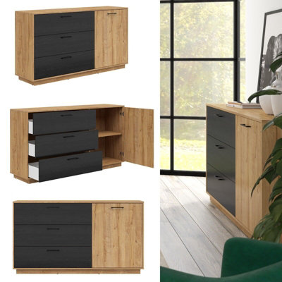 Bedroom Storage Cabinet 3 Drawers Sideboard 160cm Unit Oak/Black Oak Effect Maio