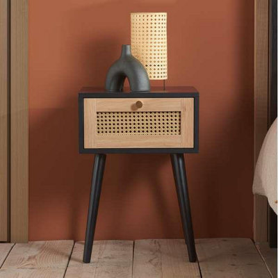 Bedside 1 Drawer Cabinet Black Rattan Nightstand Side Table