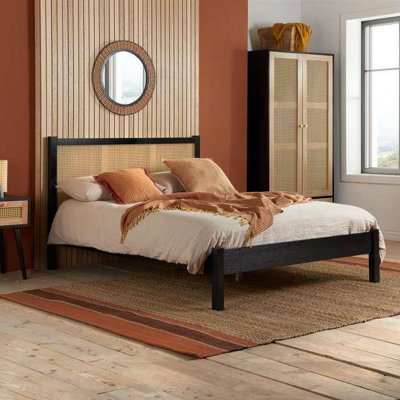 Bedside 1 Drawer Cabinet Black Rattan Nightstand Side Table