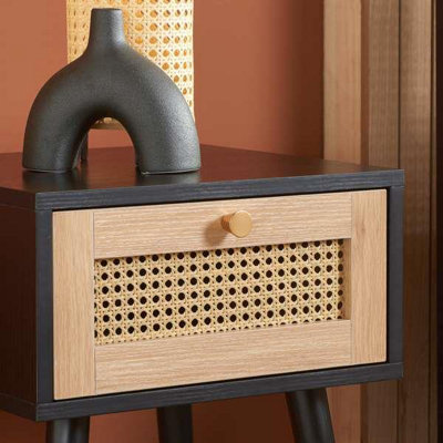 Bedside 1 Drawer Cabinet Black Rattan Nightstand Side Table