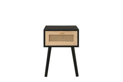 Bedside 1 Drawer Cabinet Black Rattan Nightstand Side Table