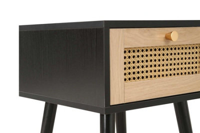 Bedside 1 Drawer Cabinet Black Rattan Nightstand Side Table