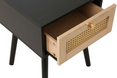 Bedside 1 Drawer Cabinet Black Rattan Nightstand Side Table