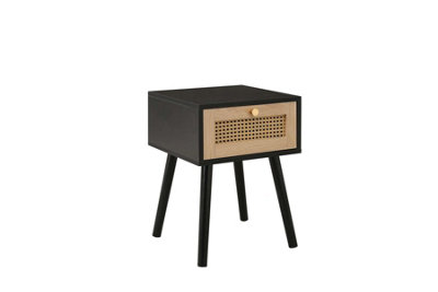 Bedside 1 Drawer Cabinet Black Rattan Nightstand Side Table