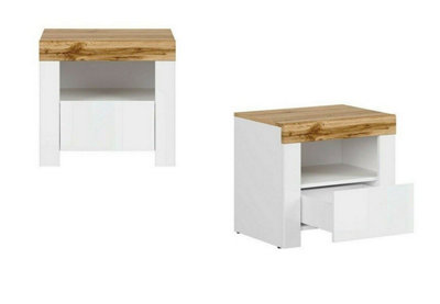 Bedside Cabinet Drawer Side Table Unit Modern White Gloss Oak Effect Bedroom Holten