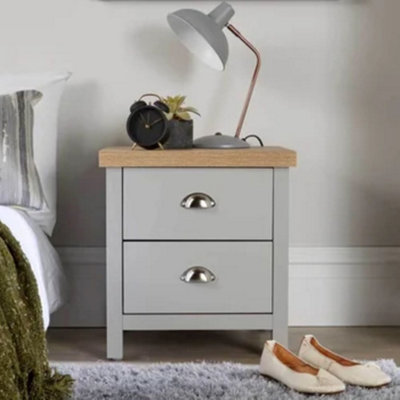Bedside Cabinet Light Grey Chest of 2 Drawers with Wooden Top Small Table for Bedroom Modern Slim Side Storage