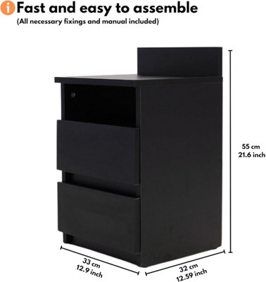 Bedside Drawers - size 21.7" H x 13" W (55x33 cm) - Black Finish - Small Bedside Cabinet with Drawers for Bedrooms