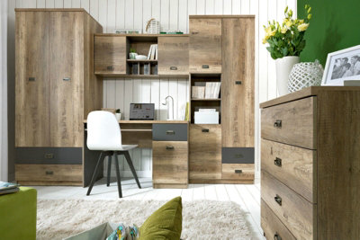 Bedside Table Cabinet Unit Night Stand 1 Drawer 50cm Oak Effect and Grey Malcolm