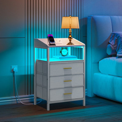 Bedside Table, Charging Station & LED Light, White