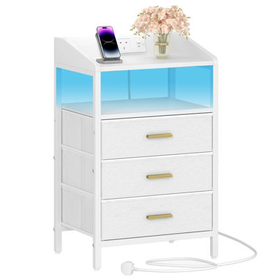 Bedside Table, Charging Station & LED Light, White