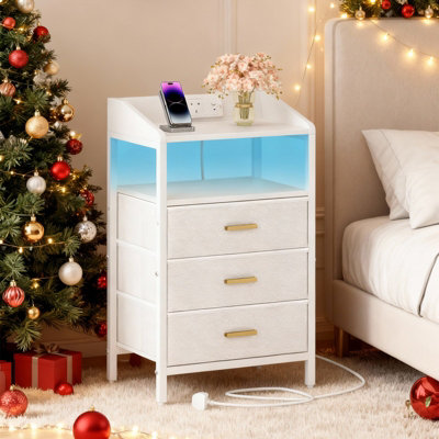 Bedside Table, Charging Station & LED Light, White