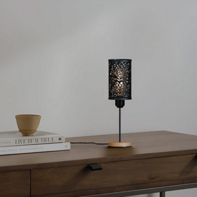 Bedside Table Lamp with Wooden Base and Cage Lampshade Bedroom Light Black