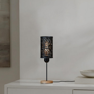 Bedside Table Lamp with Wooden Base and Cage Lampshade Bedroom Light Black
