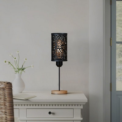 Bedside Table Lamp with Wooden Base and Cage Lampshade Bedroom Light Black