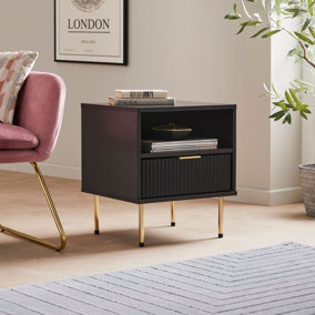 Bedside Table Ribbed Design One Drawer and Open Shelf Black and Gold