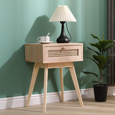 Bedside table with 1 drawer MDF wood frame cabinet With Rattan Decoration wooden legs hallway small side tables for living room