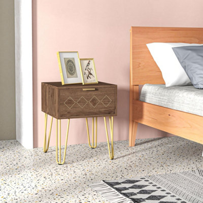 Metal and wood nightstand store with drawer