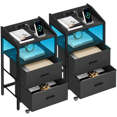 Bedside Tables Set of 2, Charging Station and LED, Black