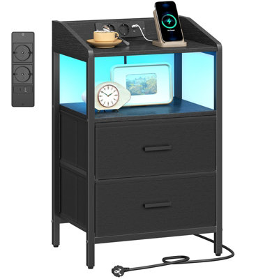 Bedside Tables Set of 2, Charging Station and LED, Black