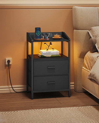Bedside Tables Set of 2, Charging Station and LED, Black