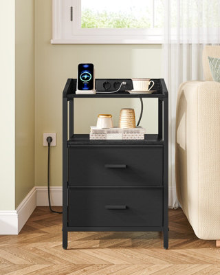Bedside Tables Set of 2, Charging Station and LED, Black