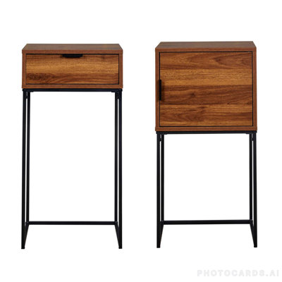 Bedside Tables Set of 2 with Drawer Wooden Table Tall Cabinets Metal Frame Walnut Colour Bedroom Living Room
