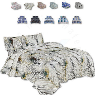 BEDSPREAD - Luxury Quilted - Reversible - Bed Throw Warm Quilt - Bedspread Patchwork Feathers Design Set 150 GSM - 3 Tog