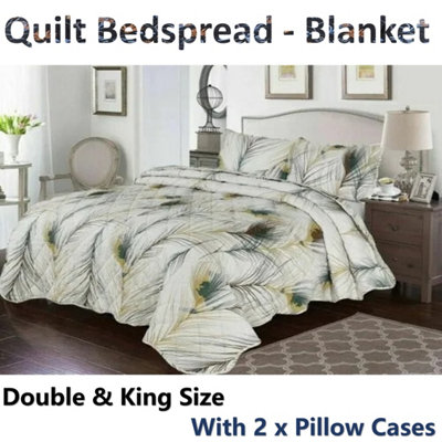 BEDSPREAD - Luxury Quilted - Reversible - Bed Throw Warm Quilt - Bedspread Patchwork Feathers Design Set 150 GSM - 3 Tog