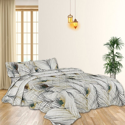BEDSPREAD - Luxury Quilted - Reversible - Bed Throw Warm Quilt - Bedspread Patchwork Feathers Design Set 150 GSM - 3 Tog