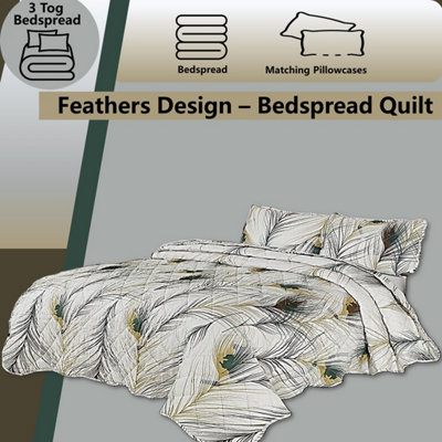 BEDSPREAD - Luxury Quilted - Reversible - Bed Throw Warm Quilt - Bedspread Patchwork Feathers Design Set 150 GSM - 3 Tog