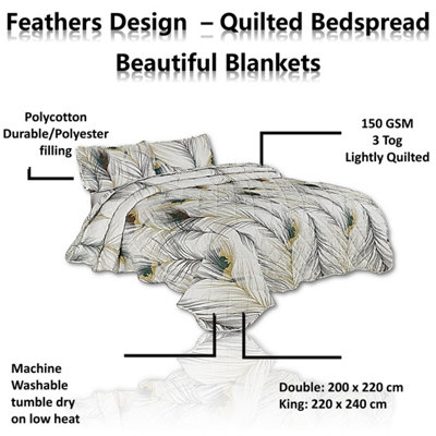 BEDSPREAD - Luxury Quilted - Reversible - Bed Throw Warm Quilt - Bedspread Patchwork Feathers Design Set 150 GSM - 3 Tog