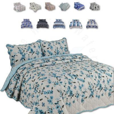 BEDSPREAD - Luxury Quilted - Reversible - Bed Throw Warm Quilt - Bedspread Patchwork Josephine Sapphire Set 150 GSM - 3 Tog