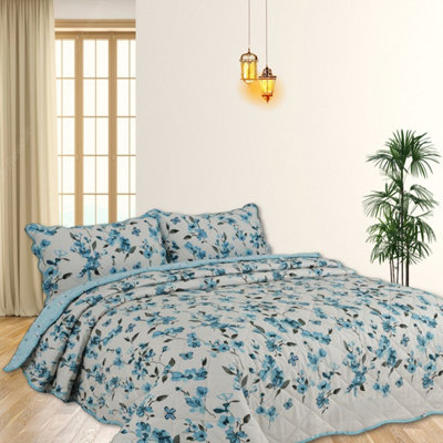 BEDSPREAD - Luxury Quilted - Reversible - Bed Throw Warm Quilt - Bedspread Patchwork Josephine Sapphire Set 150 GSM - 3 Tog
