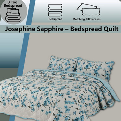 BEDSPREAD - Luxury Quilted - Reversible - Bed Throw Warm Quilt - Bedspread Patchwork Josephine Sapphire Set 150 GSM - 3 Tog