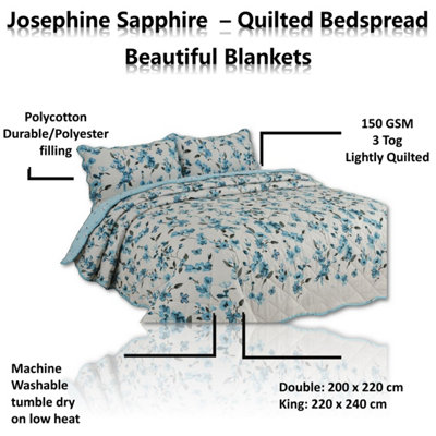 BEDSPREAD - Luxury Quilted - Reversible - Bed Throw Warm Quilt - Bedspread Patchwork Josephine Sapphire Set 150 GSM - 3 Tog