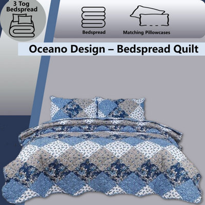 BEDSPREAD - Luxury Quilted - Reversible - Bed Throw Warm Quilt - Bedspread Patchwork Oceano Design Set 150 GSM - 3 Tog