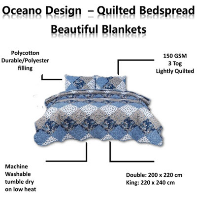 BEDSPREAD - Luxury Quilted - Reversible - Bed Throw Warm Quilt - Bedspread Patchwork Oceano Design Set 150 GSM - 3 Tog