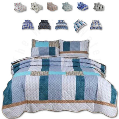BEDSPREAD - Luxury Quilted - Reversible - Bed Throw Warm Quilt - Bedspread Patchwork Pattie Stripe Set 150 GSM - 3 Tog
