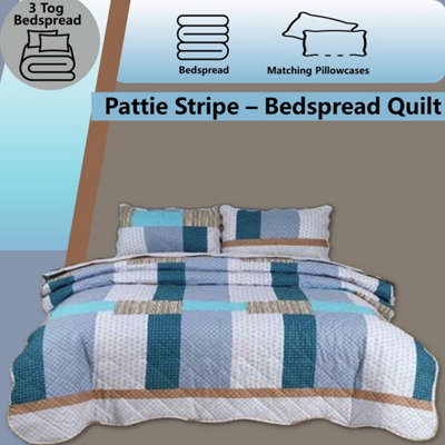 BEDSPREAD - Luxury Quilted - Reversible - Bed Throw Warm Quilt - Bedspread Patchwork Pattie Stripe Set 150 GSM - 3 Tog