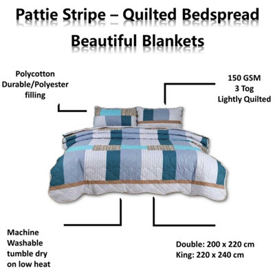 BEDSPREAD - Luxury Quilted - Reversible - Bed Throw Warm Quilt - Bedspread Patchwork Pattie Stripe Set 150 GSM - 3 Tog