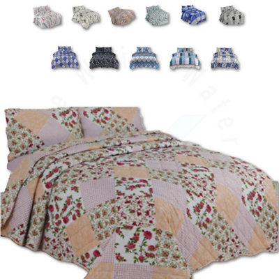 BEDSPREAD - Luxury Quilted - Reversible Two Sided - Bed Throw Warm Quilt - Bedspread Patchwork Freya Pink Set 150 GSM - 3 Tog