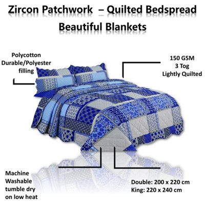 BEDSPREAD - Luxury Quilted - Reversible Two Sided - Bed Throw Warm Quilt - Bedspread Patchwork Reversible Set 150 GSM - 3 Tog