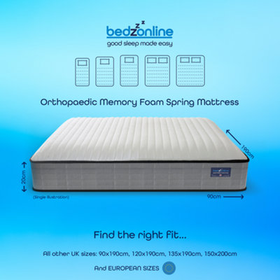 BEDZONLINE 4ft6 Double Hybrid Mattress - Memory Foam & Open Coil, 20cm, Medium Firm