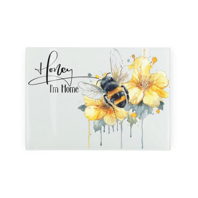 Bee & Flower Small Glass Chopping Board - Worktop Protector Honey I'm Home