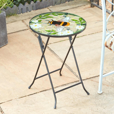 Bee Glass Table - 50 x 35 cm Hand-Painted Bee Design, Folding Metal ...