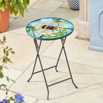 Bee Glass Table - 50 x 35 cm Hand-Painted Bee Design, Folding Metal ...