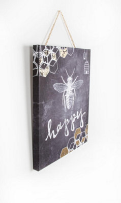 Bee Happy Printed Canvas Typograhy Wall Art