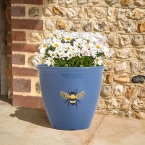 Bee Planter - Weather Resistant Colourful Recycled Plastic Bumblebee Design Garden Flower Plant Pot - Blue, H38 x 38cm Diameter